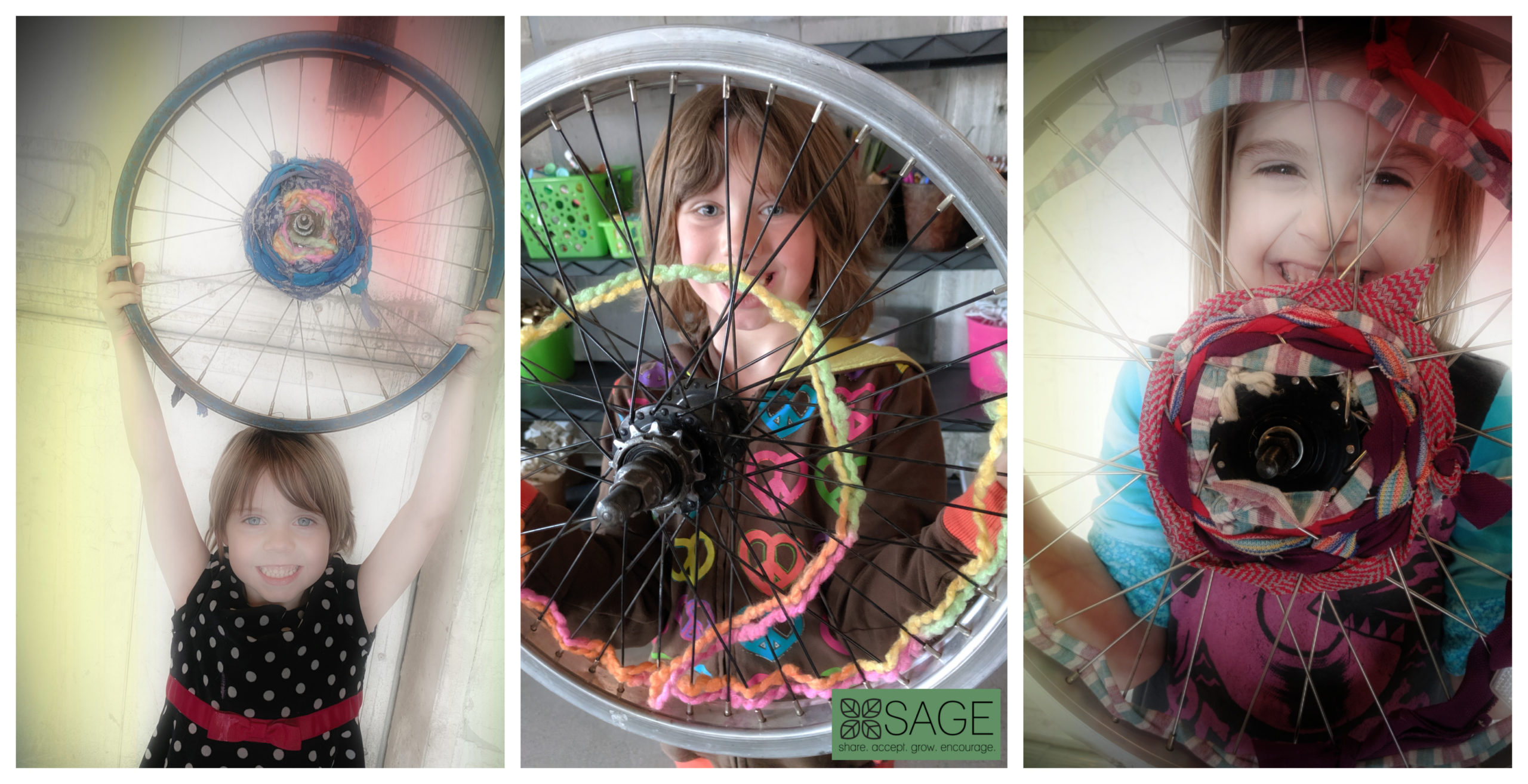3 children holding art wheel collages, satisfaction found in motherhood