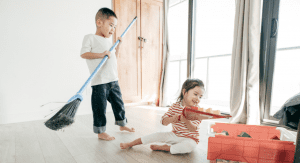 kids cleaning up toys