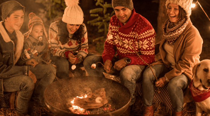 holiday events; family around campfire